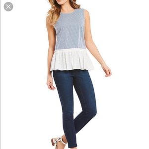 Ivanka Trump Blue Stripe Ruffled Eyelet Hem Top